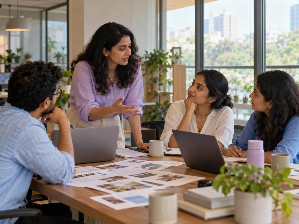 A small women-led recruitment team working together around a table in a Bengaluru office