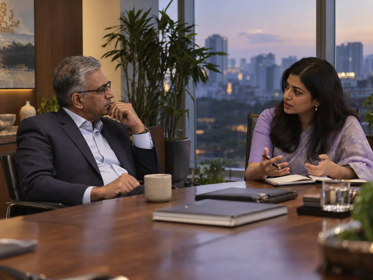 A senior finance leader in a quiet one-to-one conversation in a boardroom