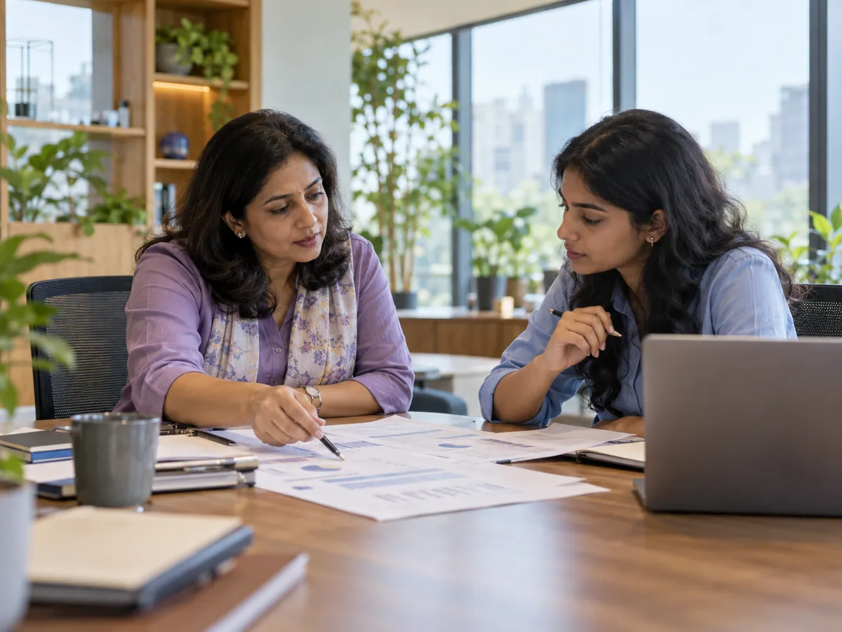 A finance hiring manager and a candidate discussing a set of accounts across a meeting table