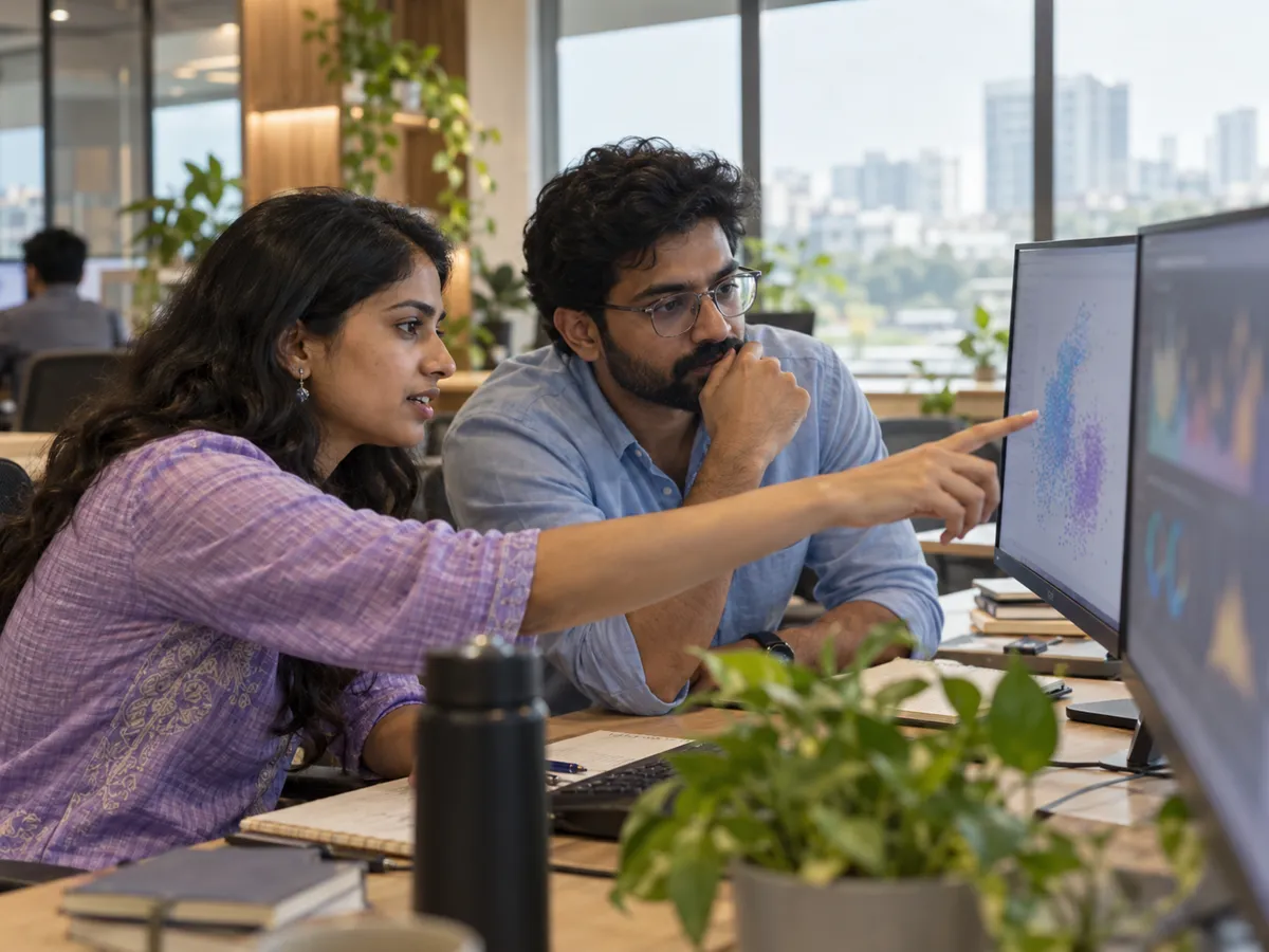 Two machine learning engineers reviewing model results together at a desk