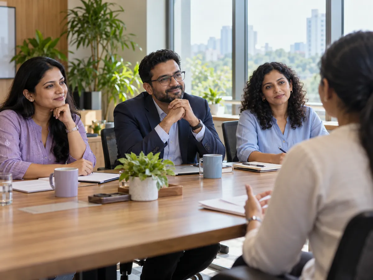 A diverse interview panel listening to a woman candidate in a bright meeting room