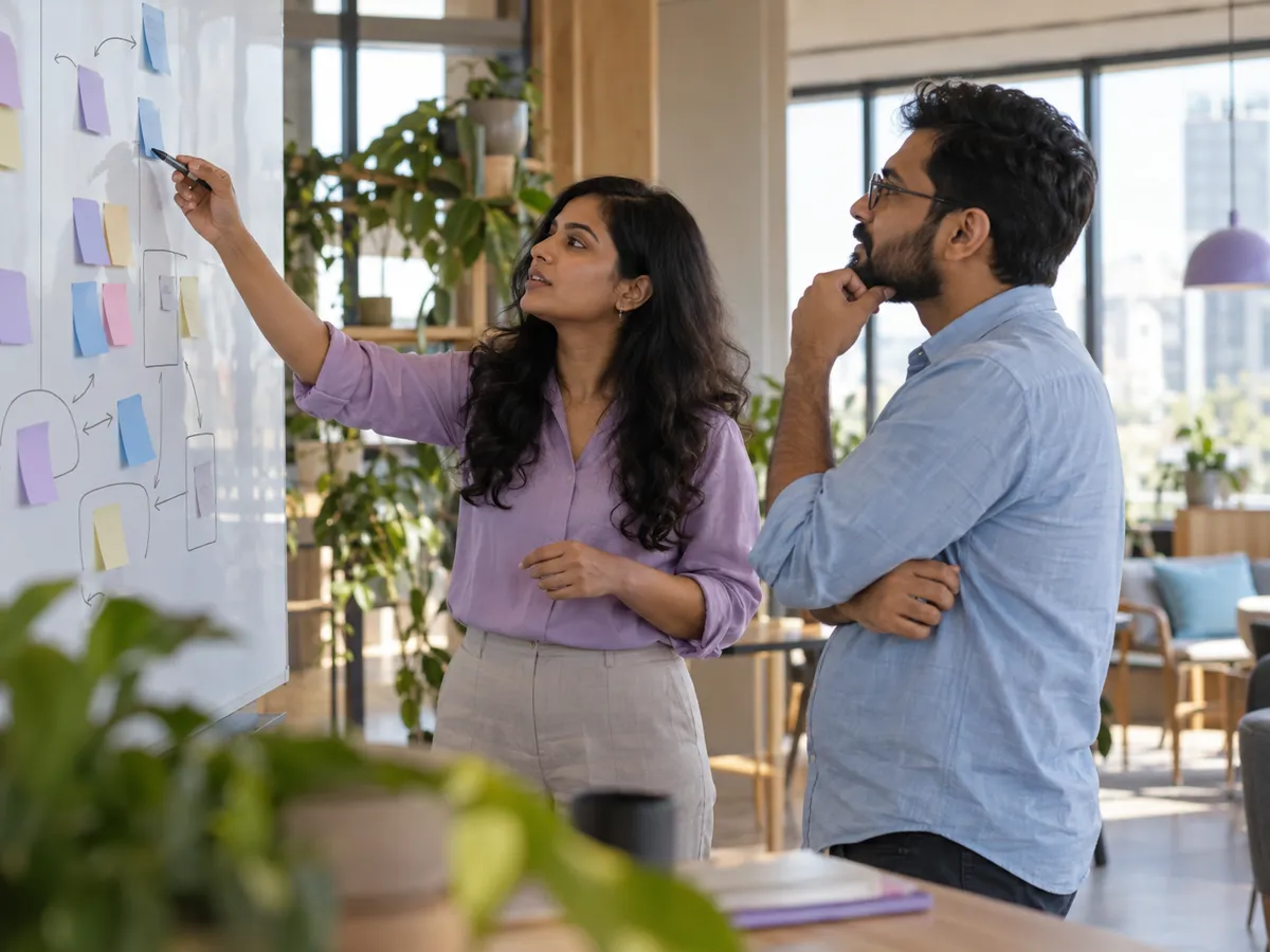 A recruiter and a hiring manager mapping a search plan on a whiteboard