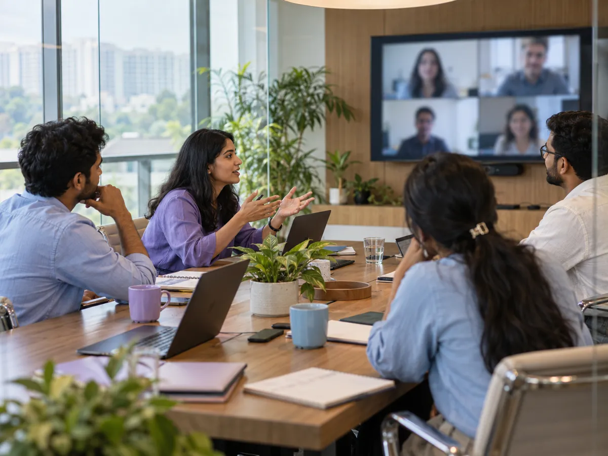 An India-based team on a video call with colleagues from their global parent company