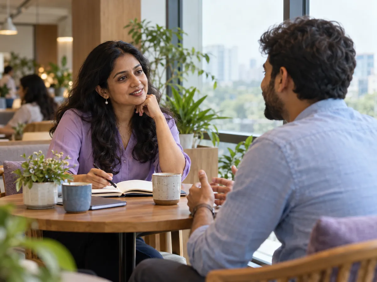 A recruiter in a one-to-one conversation with a candidate over coffee in a bright office