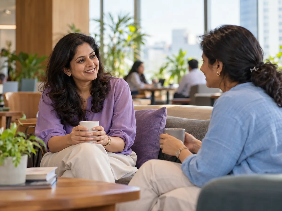 An experienced woman professional in a friendly first-week conversation with a colleague