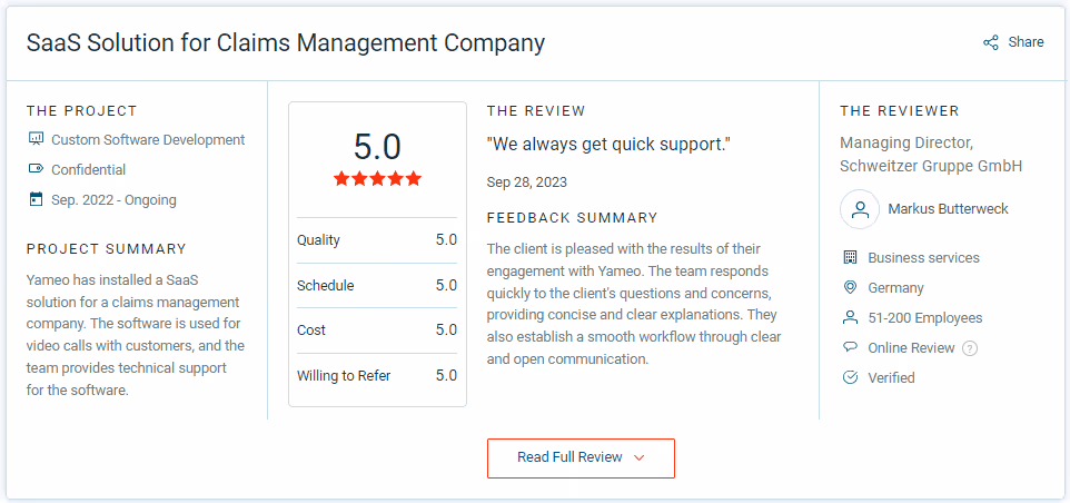Screenshot of a Clutch review from our client, Schweitzer Gruppe, about Video In Person.