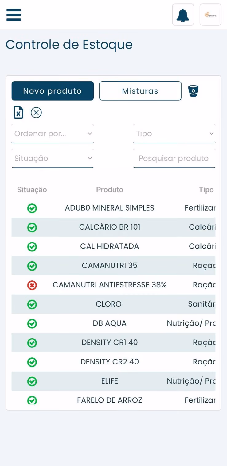 Tela de controle de estoque