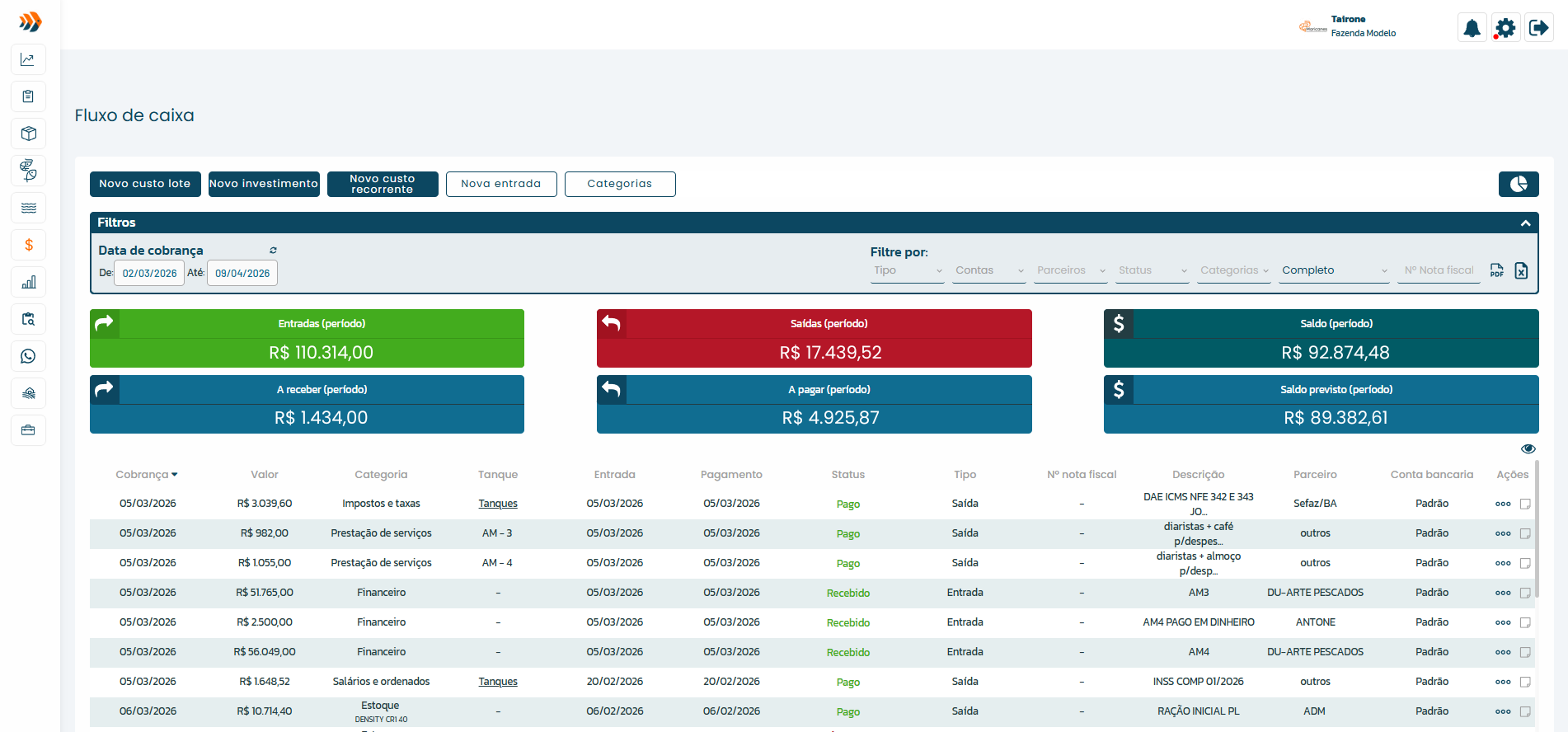 Tela de fluxo de caixa