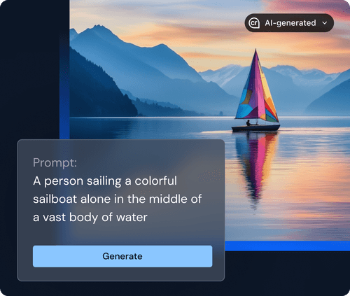AI-generated colorful sailboat with Content Credentials indicator and "AI-generated" label at top right.