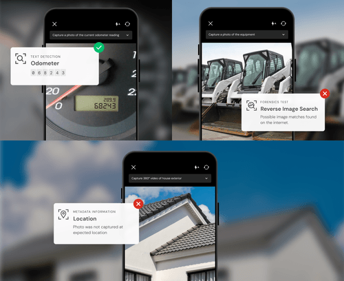 Comparison of three types of images — “camera-captured,” “AI-edited,” and “AI-generated — showing a car. The top left section shows a “camera-captured”' image of an undamaged car window. The top right section displays the same window with an “AI-edited” crack on the glass. The bottom section presents an “AI-generated” image of a similar car with a cracked window.