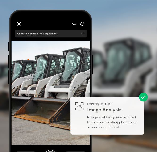 A mobile camera capturing a group of parked skid steers. There is a modal overlaid warning that there are possible image matches found on the internet.