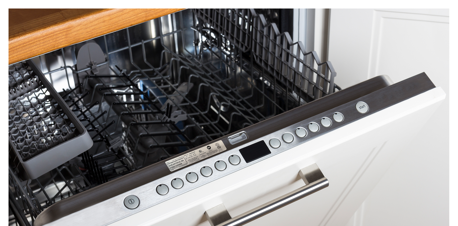 Open stainless steel dishwasher showing the control panel and rating label.