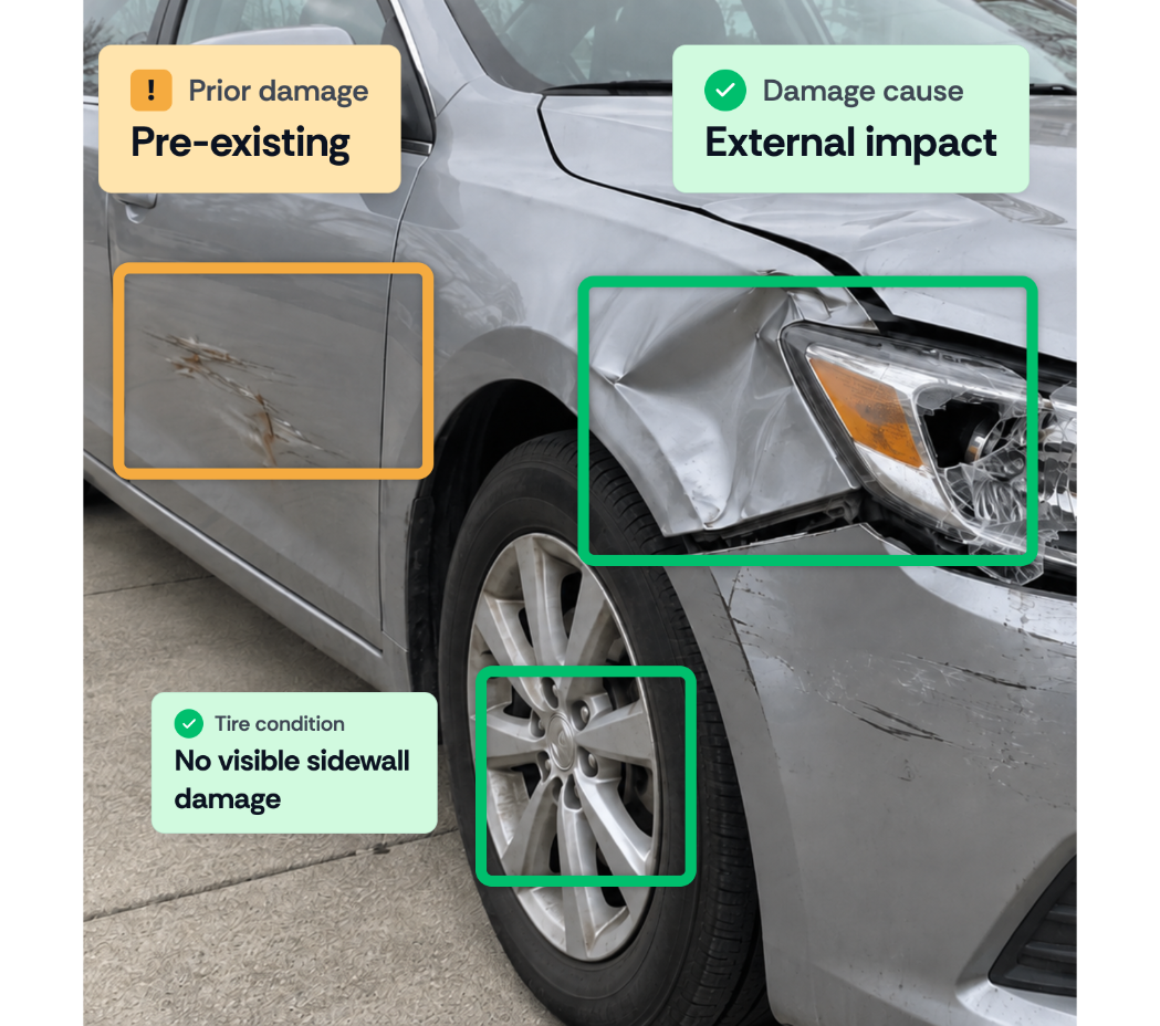 Photo of a silver sedan's damaged front-right corner with AI-generated annotation boxes: an amber box highlighting pre-existing scratches on the front door, a green box on the crushed and cracked front headlight labeled 'Damage cause: External impact,' and a green box on the front wheel labeled 'Tire condition: No visible sidewall damage.'
