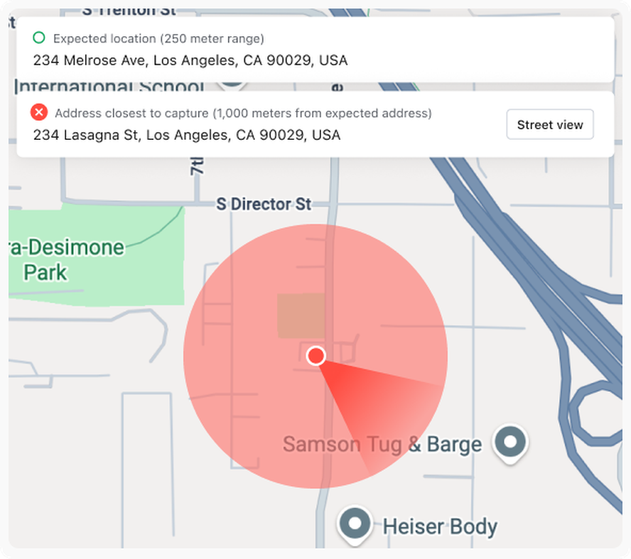 A map showing a geolocation mismatch alert in Truepic Vision. The expected address is 234 Melrose Ave, Los Angeles, CA 90029, highlighted with a green checkmark. A red warning indicator shows the photo was captured 1,000 meters away at 234 Lasagna St, with a red radius circle marking the capture location on the map.