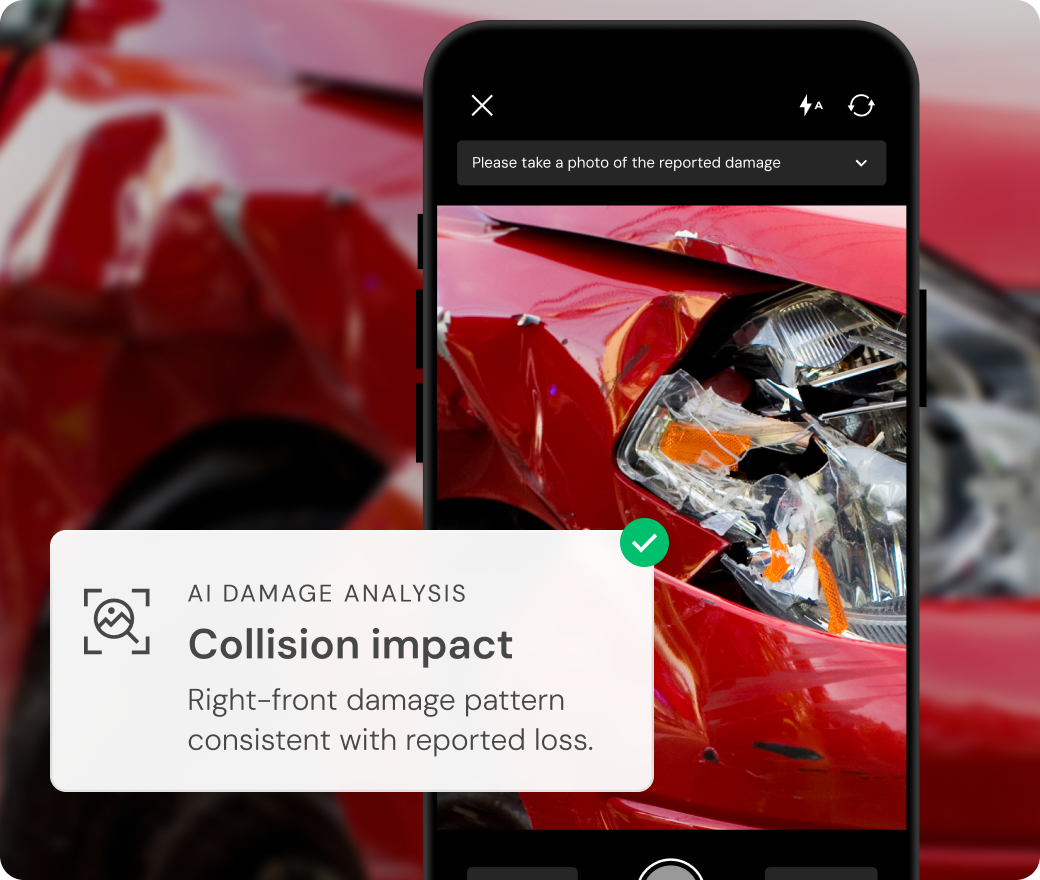 A phone with a virtual inspection list on screen overlaying an image of a broken window. There is a modal overlaid warning that there are suspicious indicators coming from the submitting mobile device.