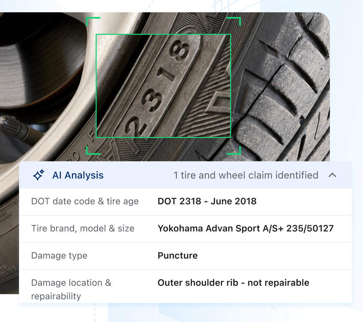 Close-up of a punctured Yokohama tire with AI analysis showing the tire’s age, specifications, damage location, repairability, and tread depth.