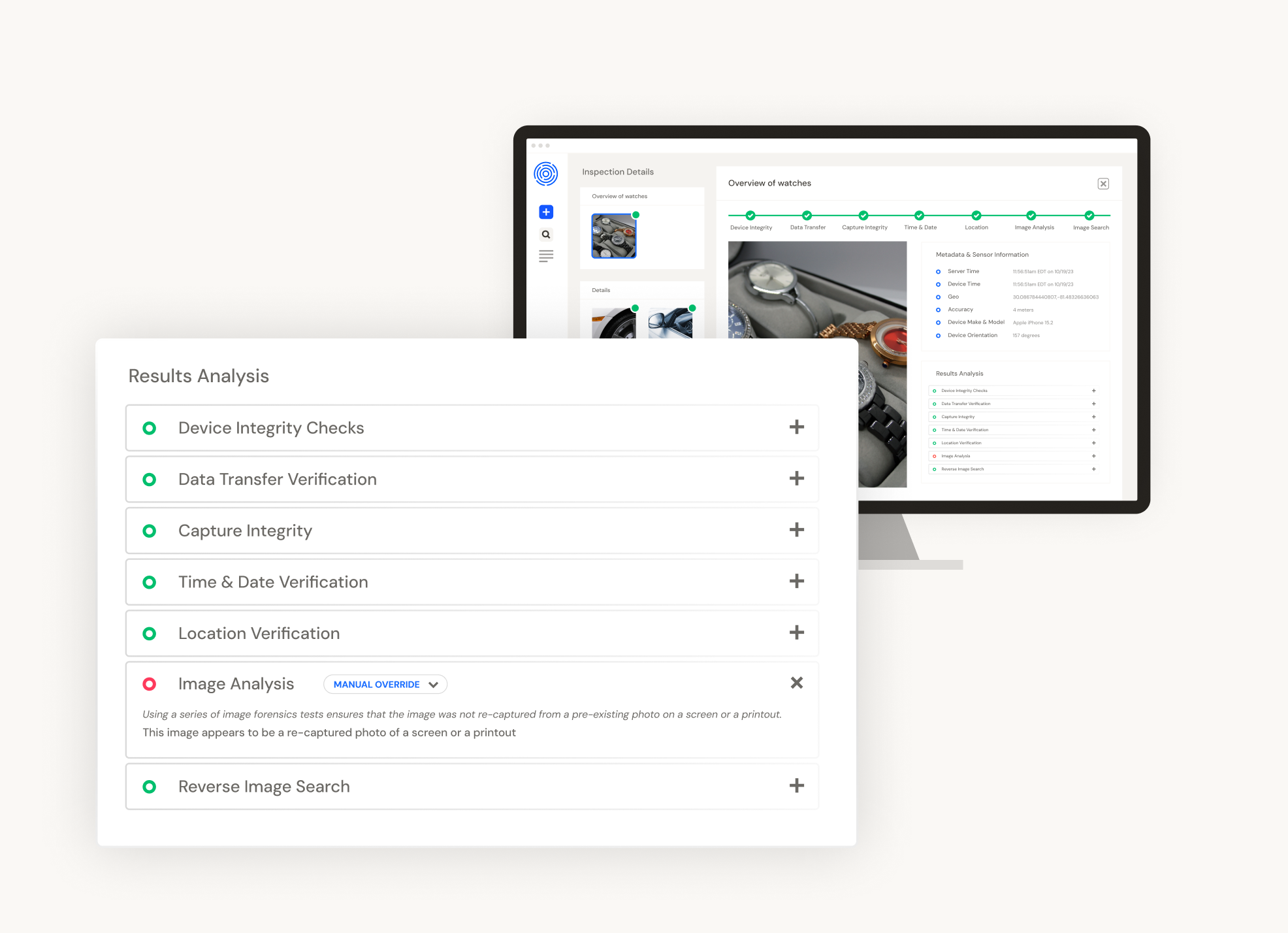 image shows results from Truepic Vision's fraud detection checks where a submitted inspection has failed the picture of picture test.
