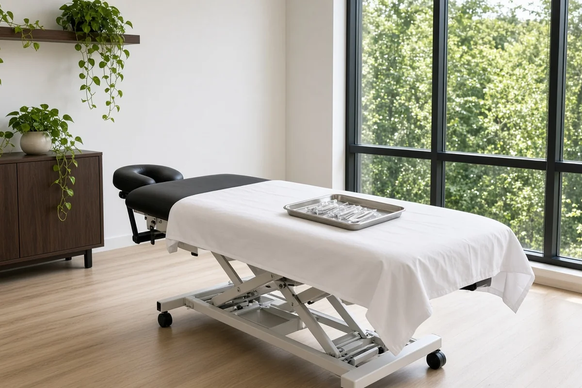 Treatment table prepared with fresh linen and sealed single-use acupuncture needles beside tall windows
