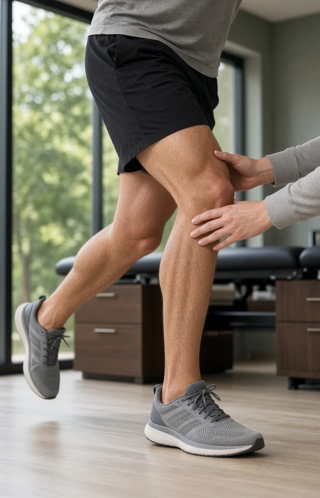 Physiotherapist guiding a patient's knee during a single-leg balance exercise for ACL rehab