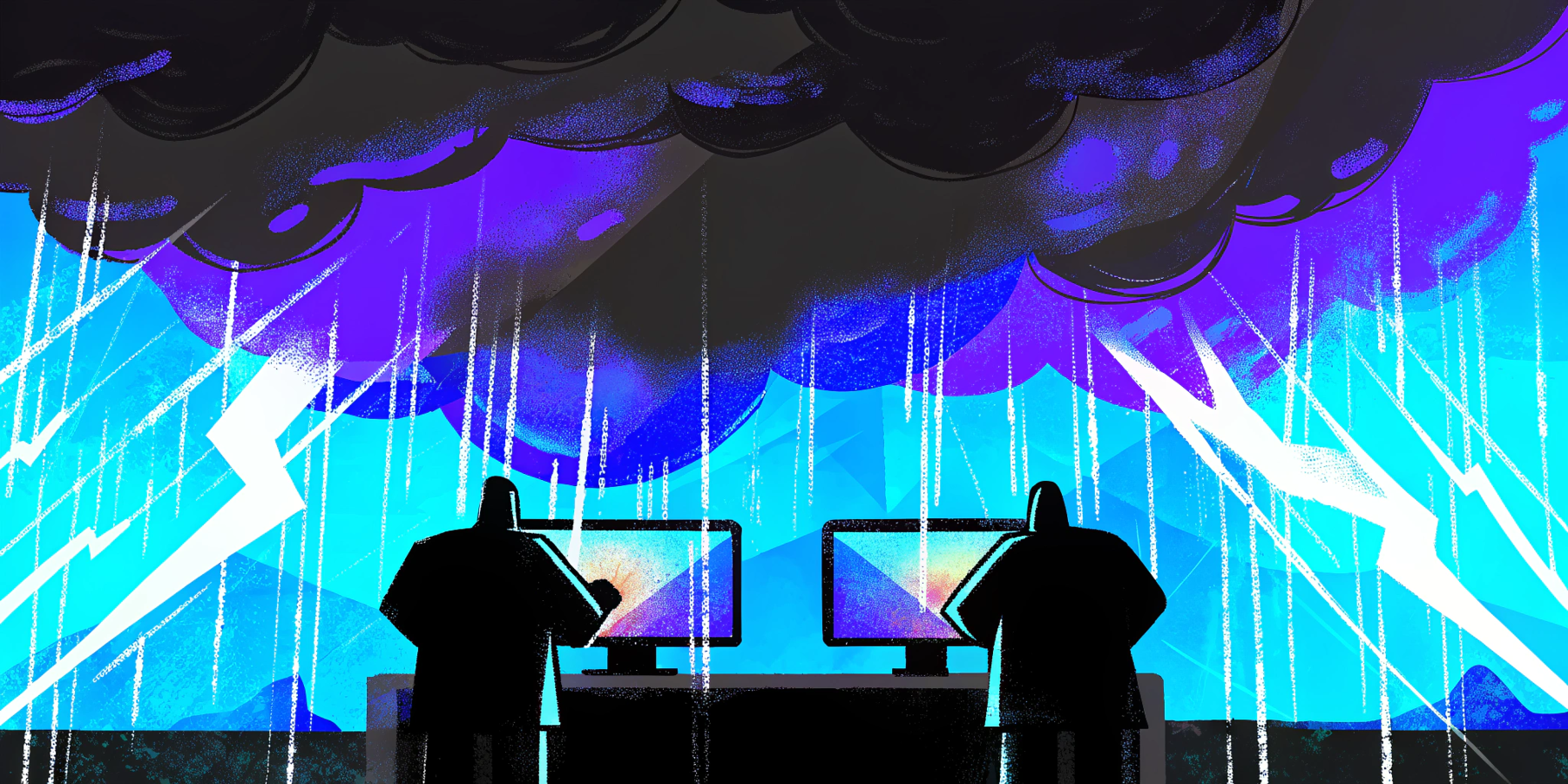 A high-contrast, cinematic digital scene featuring a steel shield under relentless attack by glitchy malware bots with glowing red eyes, binary code raining down, flickering firewall barriers, ominous stormy clouds of corrupted data—highly detailed, dramat