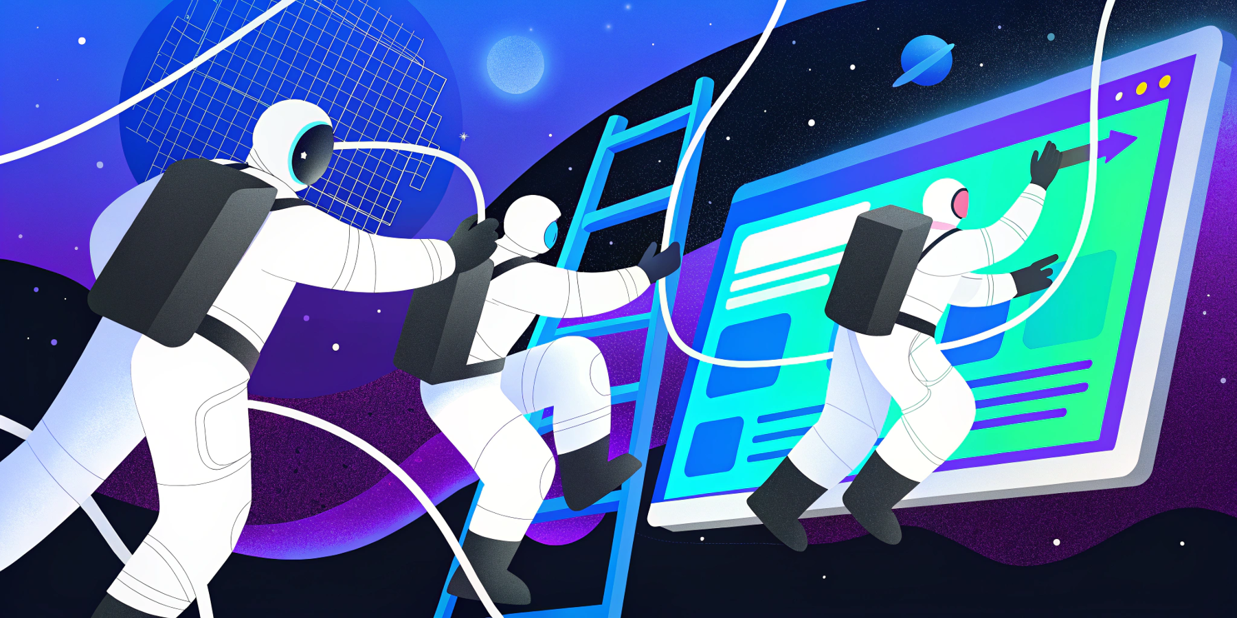An efficient futuristic team of engineers building modern websites with high-tech tools. 