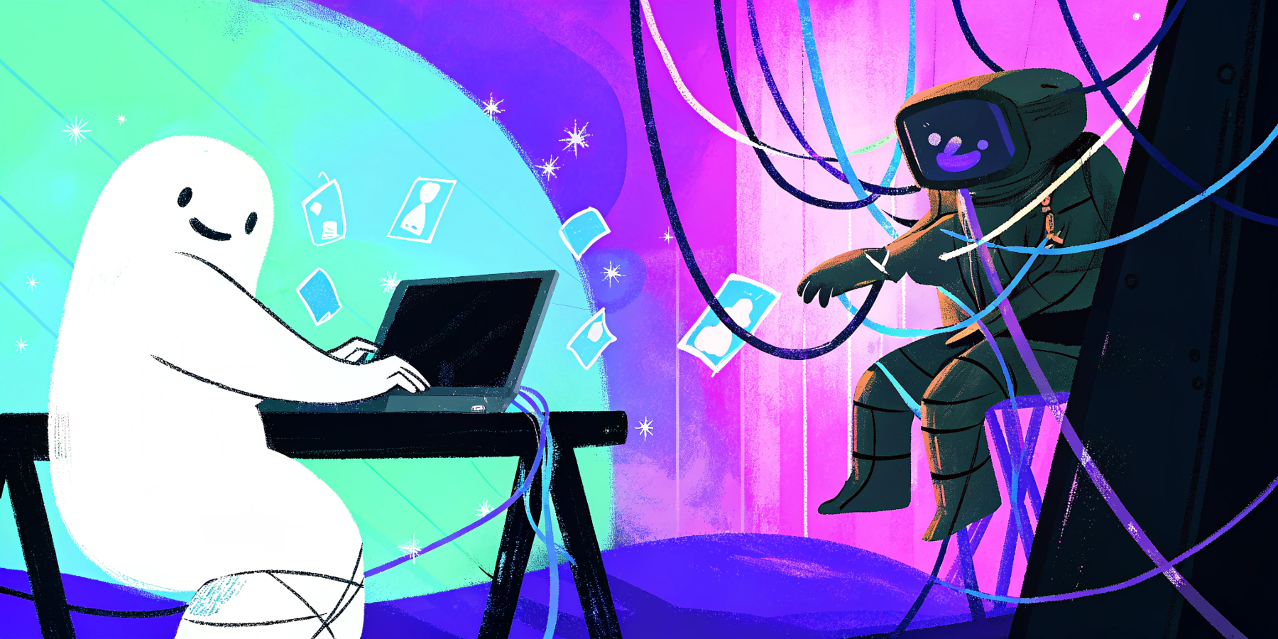 a sleek friendly white ghost typing on a sleek laptop with floating blog cards; on the right, a bulky stone creature tangled in cables and plugin icons, set against a soft pastel gradient background.