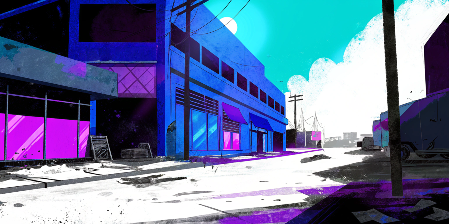 A decaying city representing WordPress infrastructure with cracked buildings and broken plugins