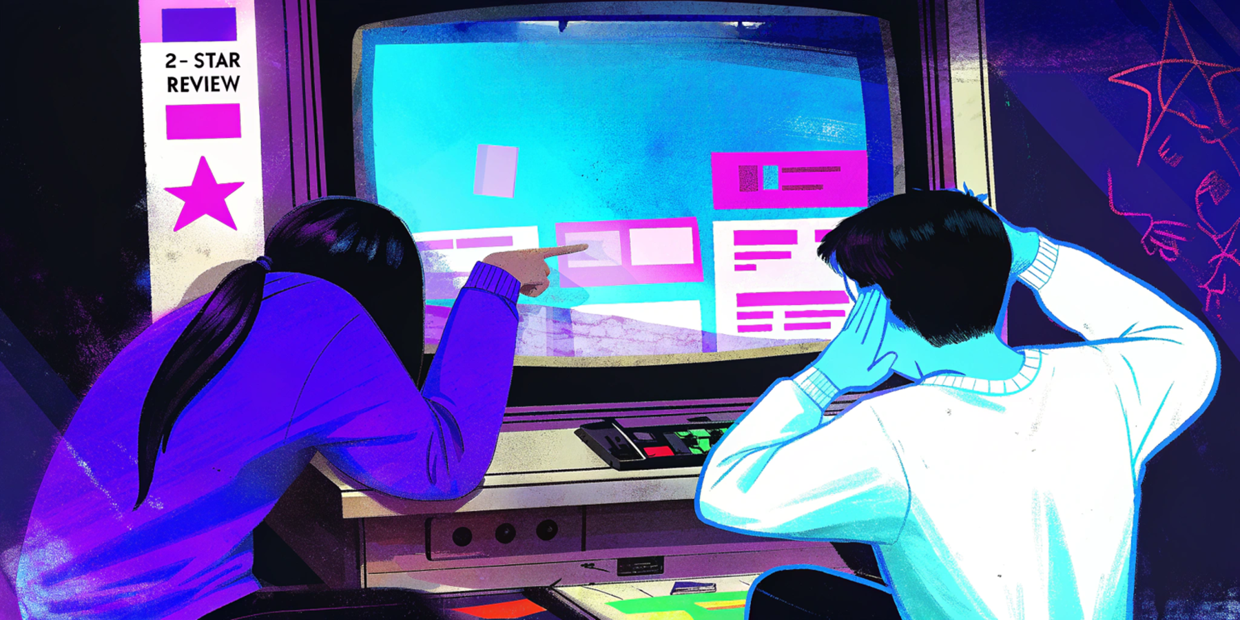 A broken website builder interface with frustrated users surrounded by red error icons and glitchy blocks. Retro computer aesthetic with chaotic UI elements and warning signs. A large 2-star review rating hovers above the interface.