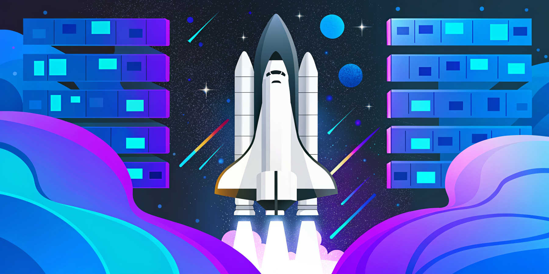 Space shuttle migrating CSV files from WordPress to Storyblok in a futuristic digital galaxy.