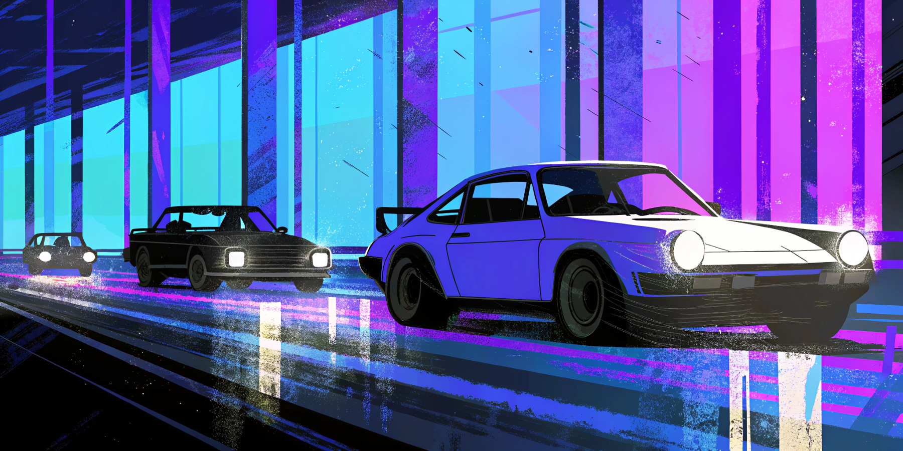A high-performance sports car speeding past two slower old vehicles on a futuristic digital highway, modern sleek cars with glowing code fragments in the background; vibrant colors of electric blue, violet, cyan, and magenta.