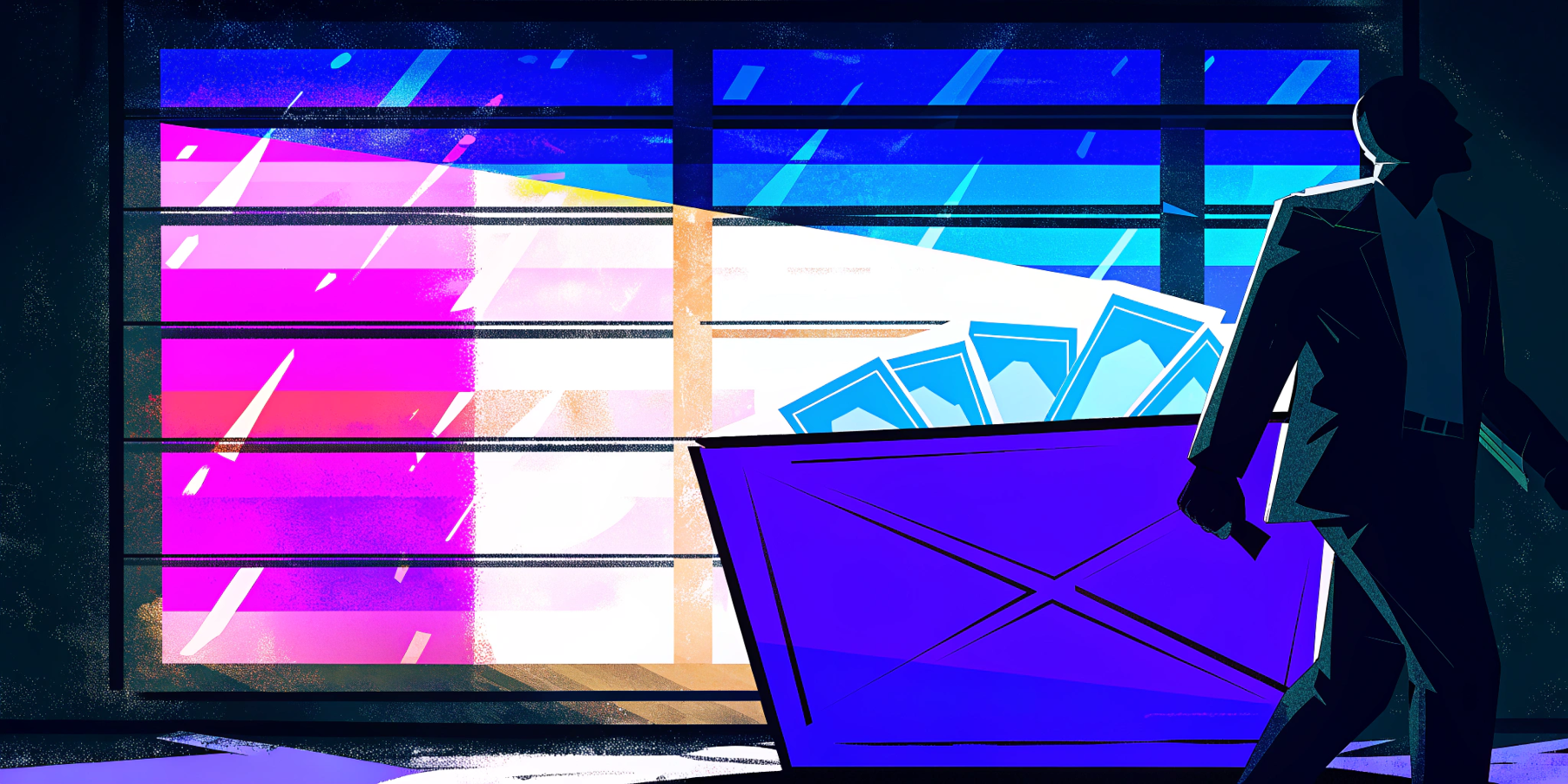 Illustration of a dumpster full of discarded websites with money falling in, while a businessperson walks away holding cash.