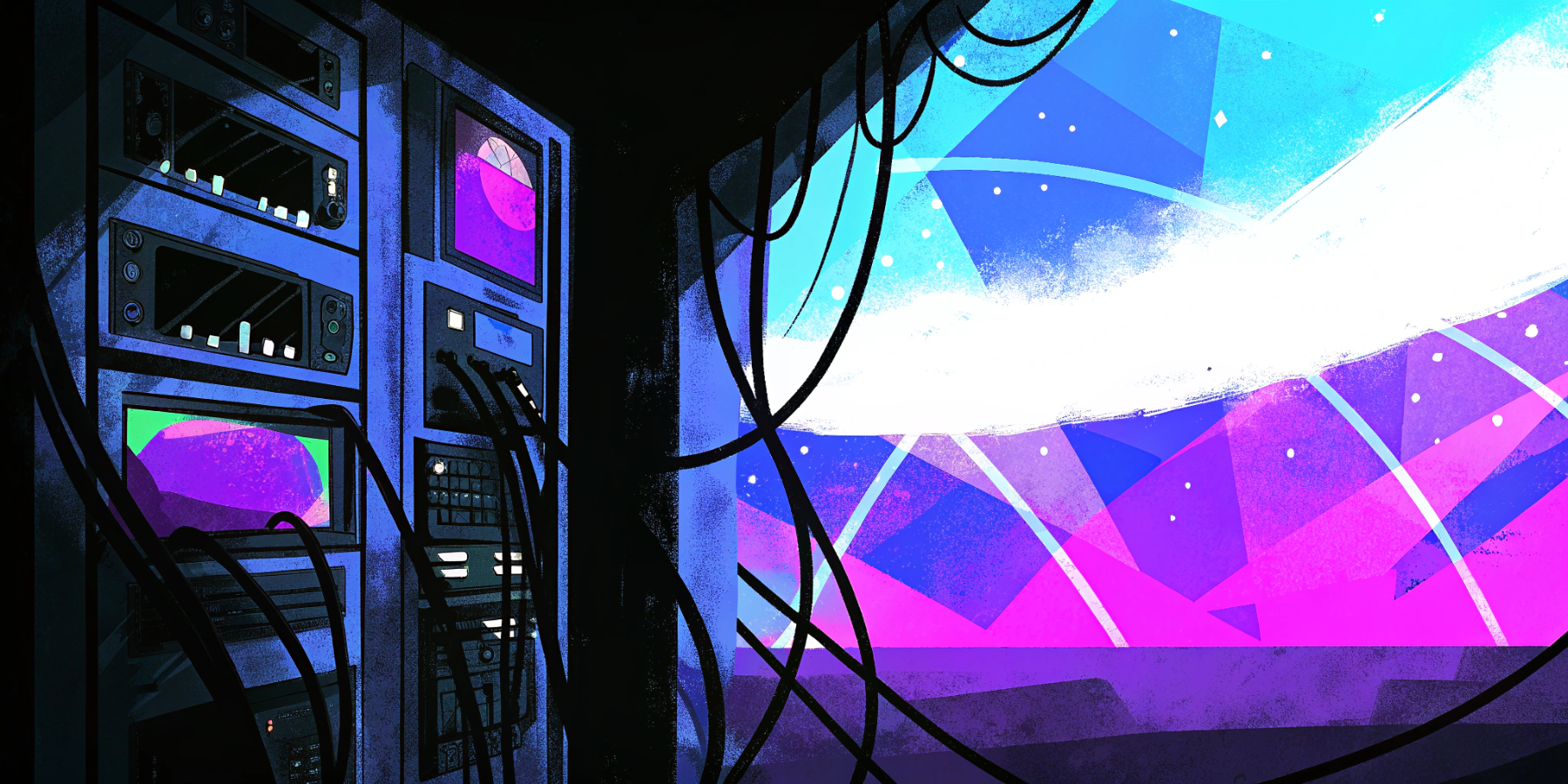 Illustration contrasting messy legacy web tooling with a clean modern web stack.