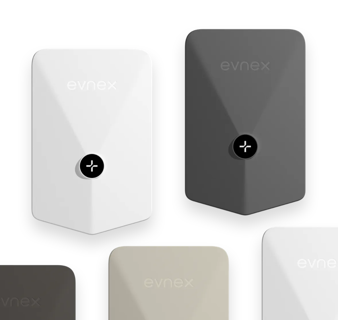 Five rectangular Evnex device covers in white, grey, beige, and black colours against a black background.