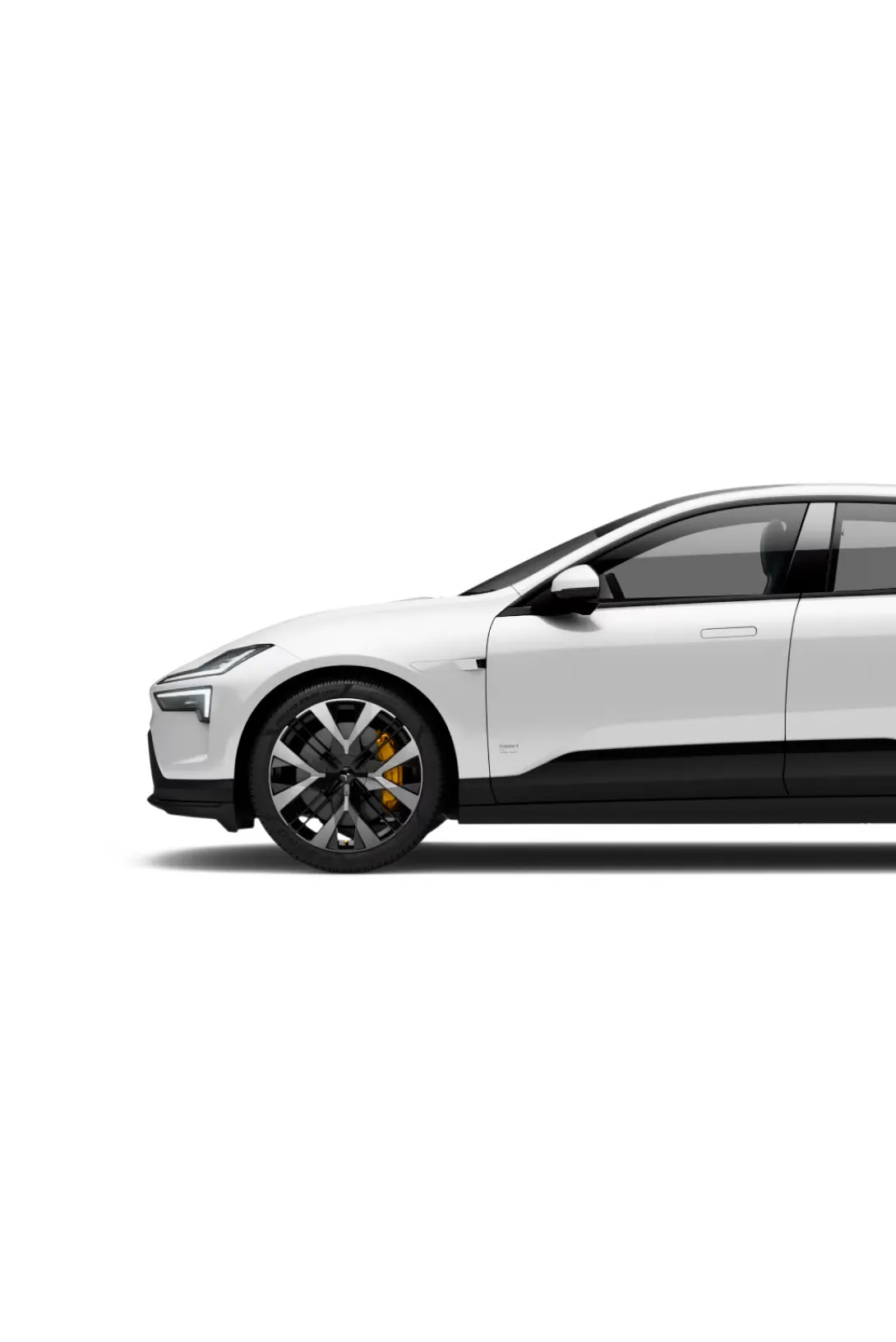 Side view of a modern white electric car with black tinted windows and alloy wheels on a white background.