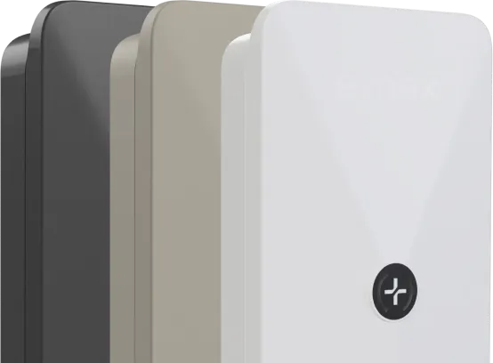 Four sleek, rectangular smart devices in black, dark beige, light beige, and white, with a round black button on the front and subtle brand text on the white device.