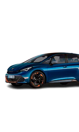 Blue sporty electric car with orange-accented wheels viewed from the front left side.