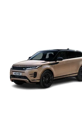 Beige Range Rover Velar SUV with black roof and wheels.