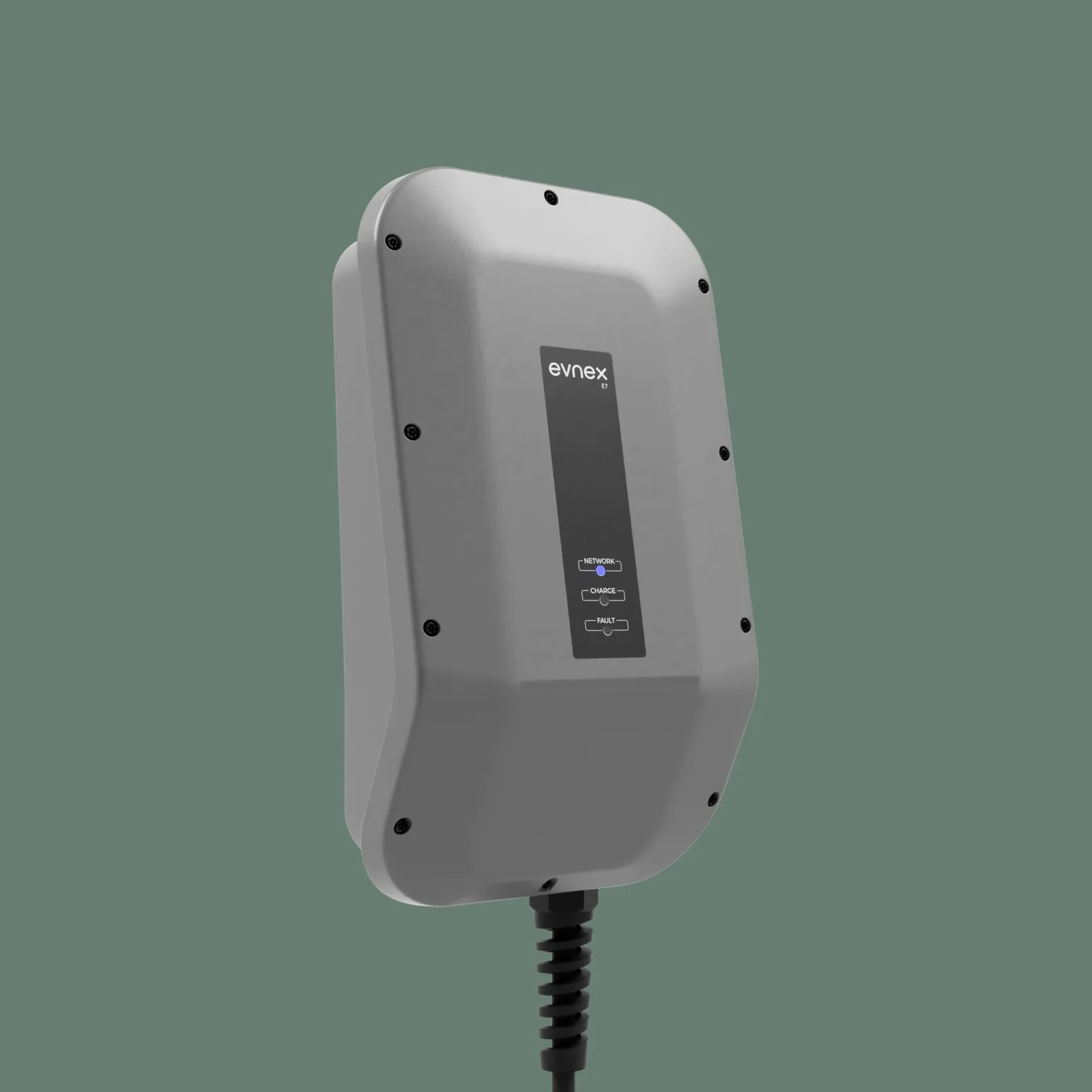 Grey Evnex X22 EV charger with a tethered cable and indicator lights for network, charge, and fault.