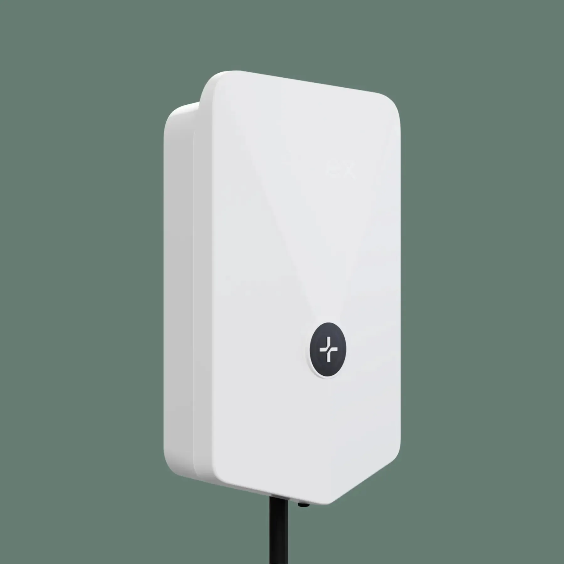 White Evnex E2 Plus EV charger mounted against a muted green background, featuring a circular black button with a white cross symbol.