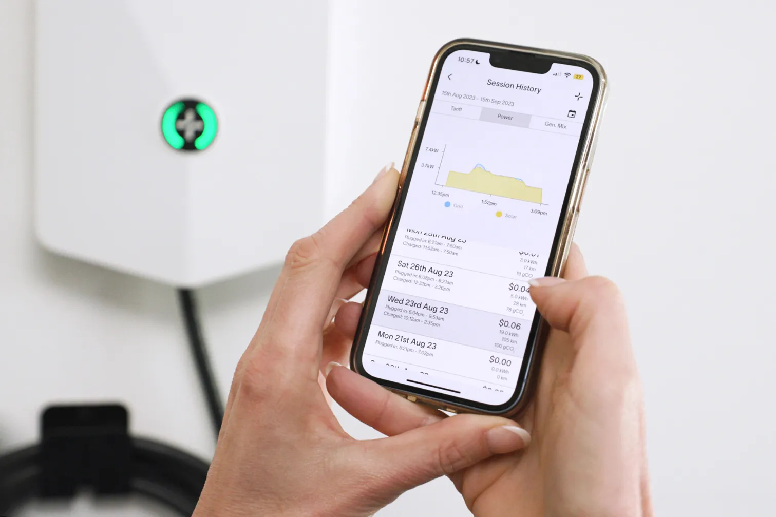 Evnex smart charging app showing an EV driver's Session History page