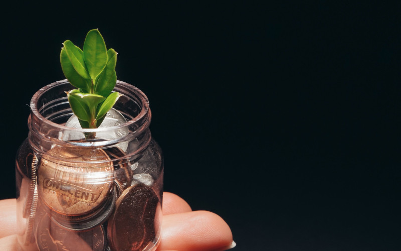 A close-up of a hand holding a small clear jar filled with copper and silver coins, with a small green plant sprouting from the top against a dark background.