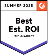 Badge displaying 'Summer 2025 Best Est. ROI Mid-Market' with G2 logo.