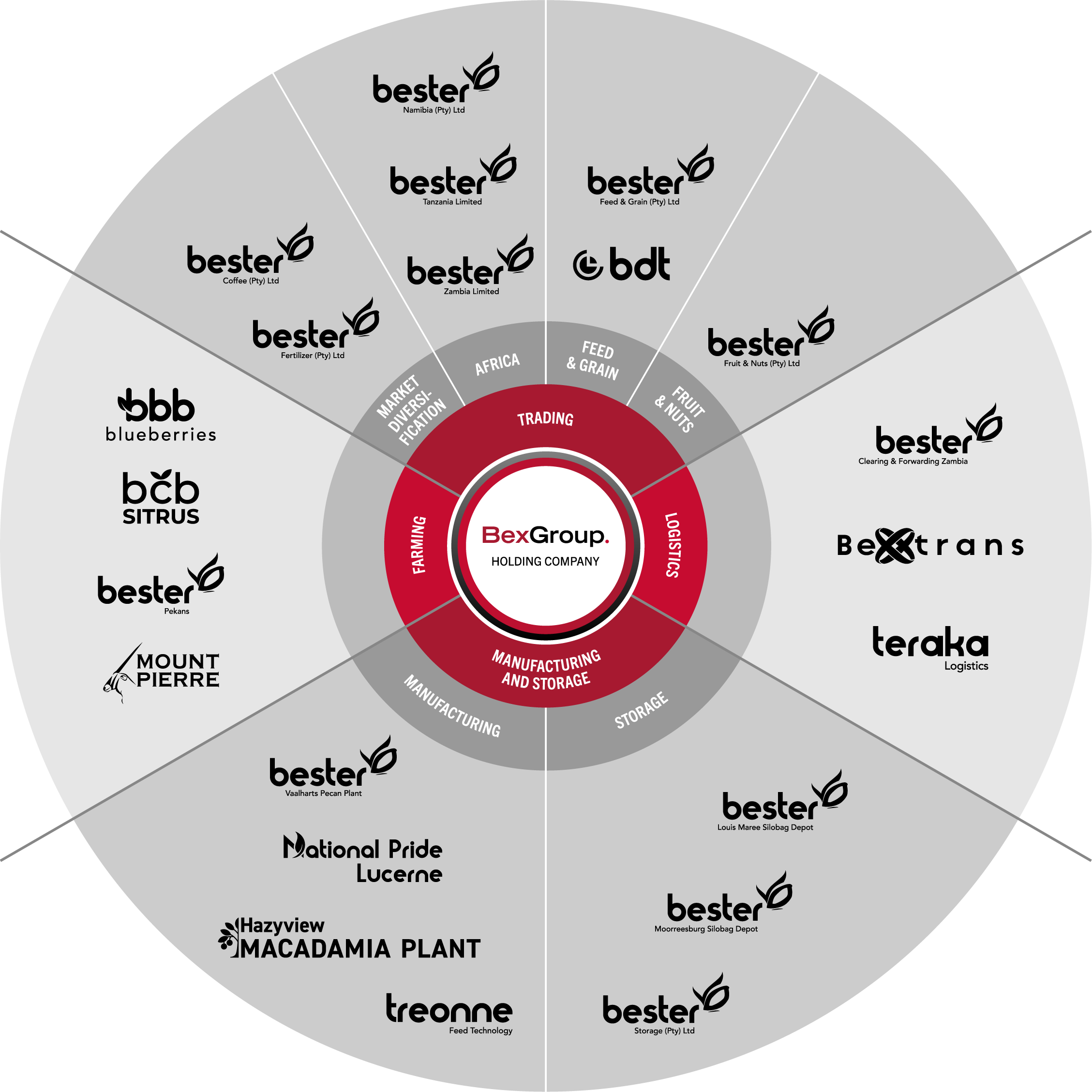BexGroup structure image consting of trading, logistics, manufacturing and storage and farming businesses