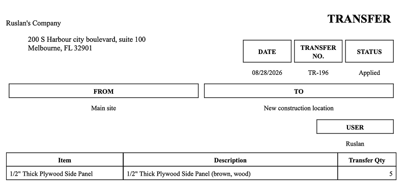 inventory transfer printout from handifox online