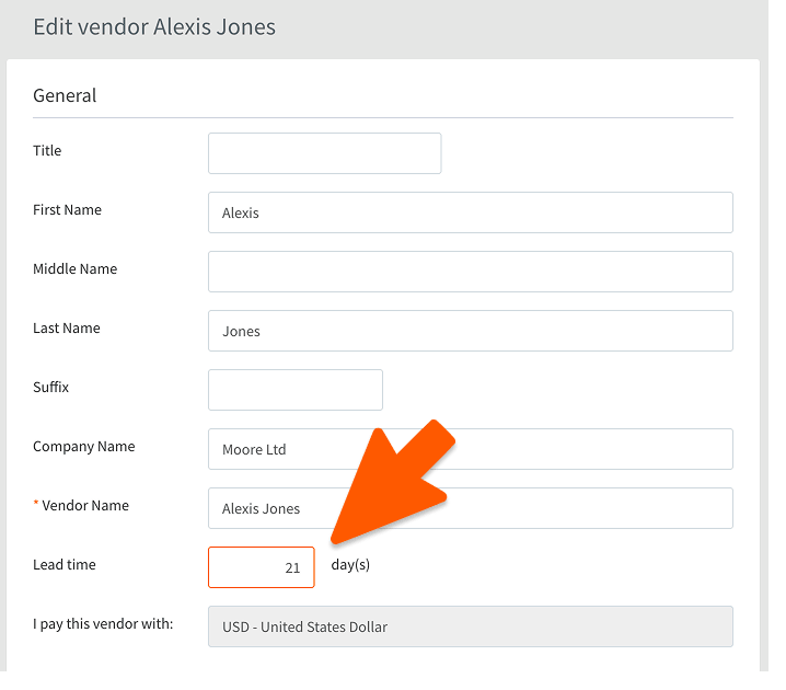 edit vendor screen in handifox online