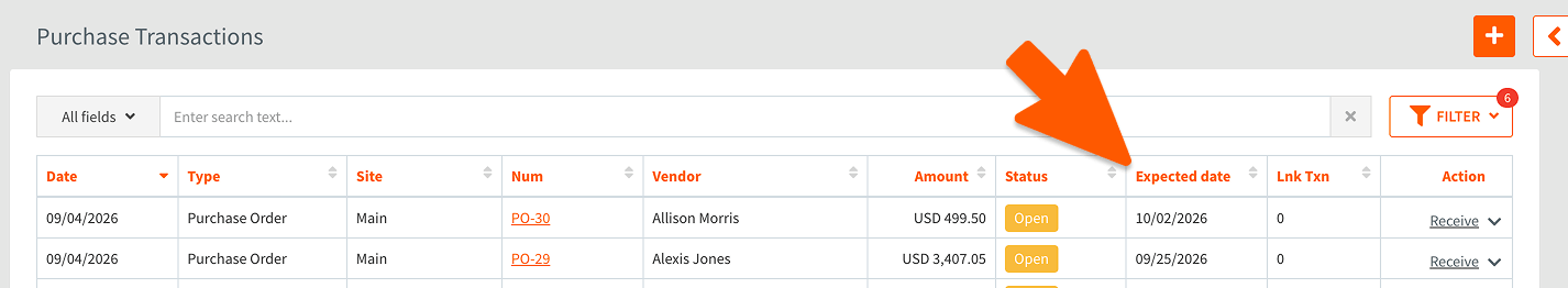 expected date column on purchase transqactions list in handifox online