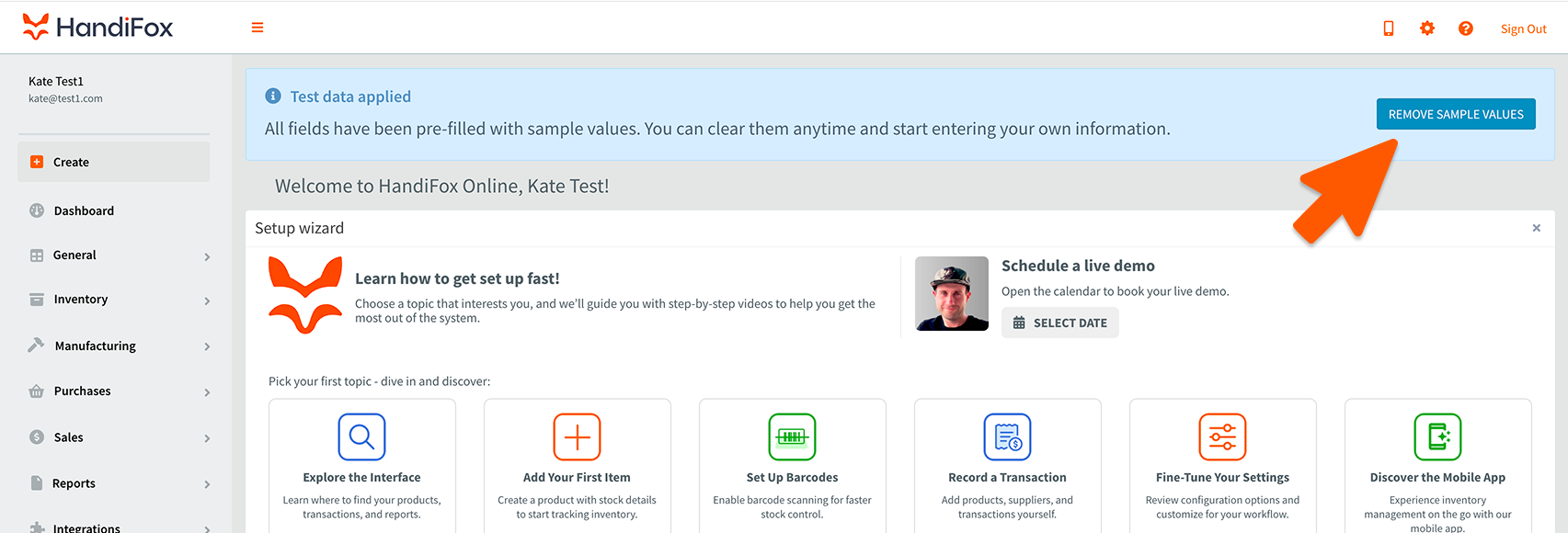 test data removal main dashboard handifox online