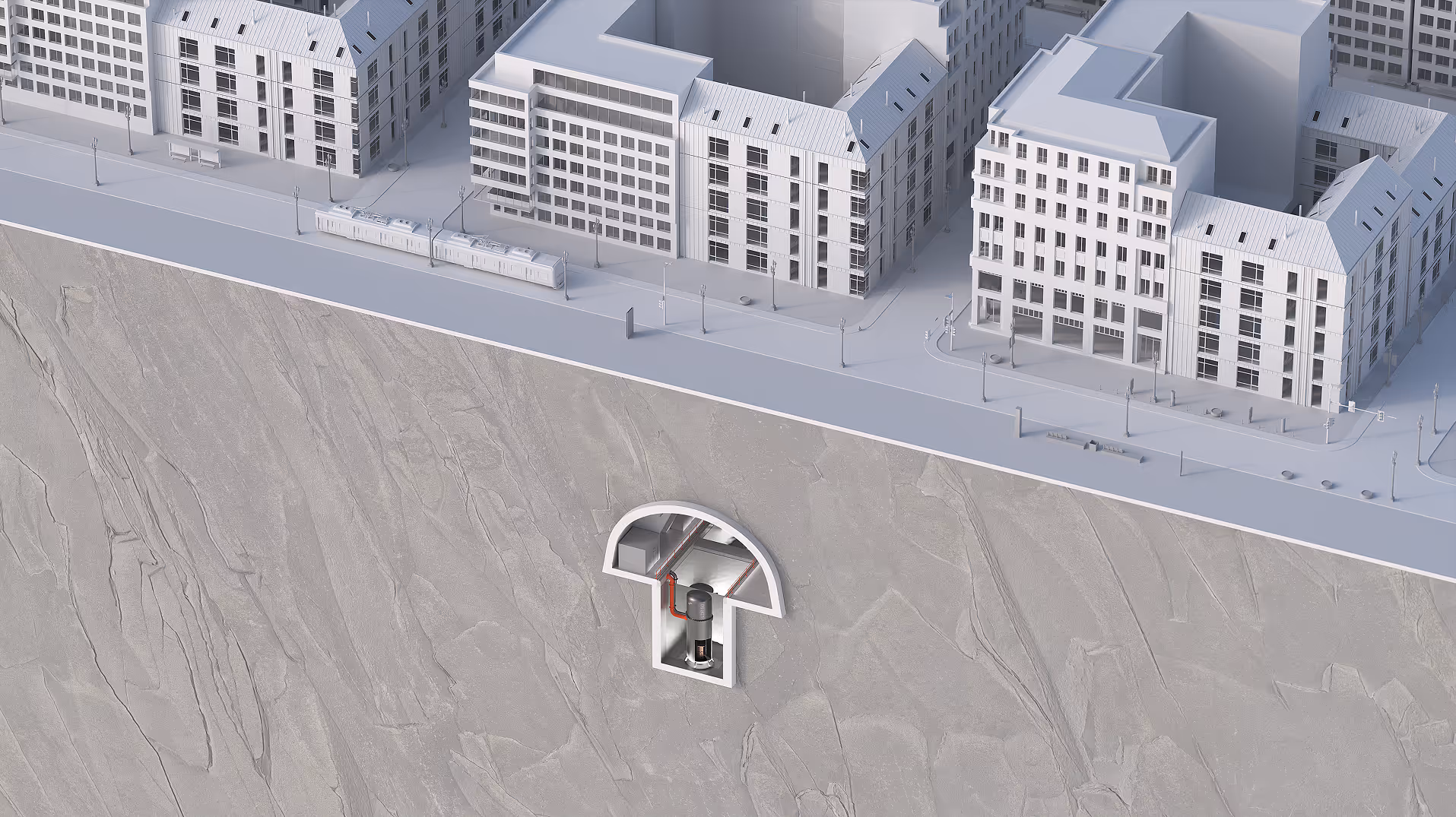 3D illustration of a city block with a cross-section revealing underground utility pipes and machinery beneath the street.