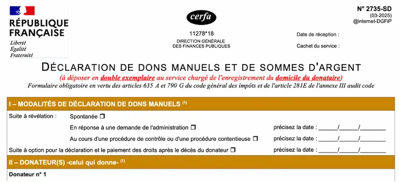 formulaire de déclaration de dons manuels et sommes d'argent