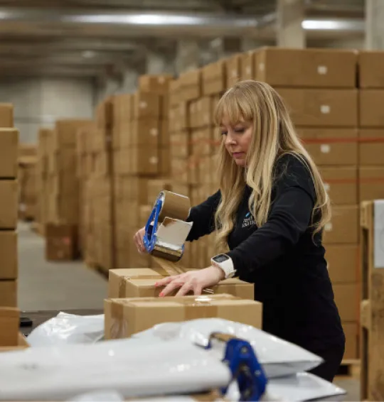 Kvinde putter pakketape på kasser